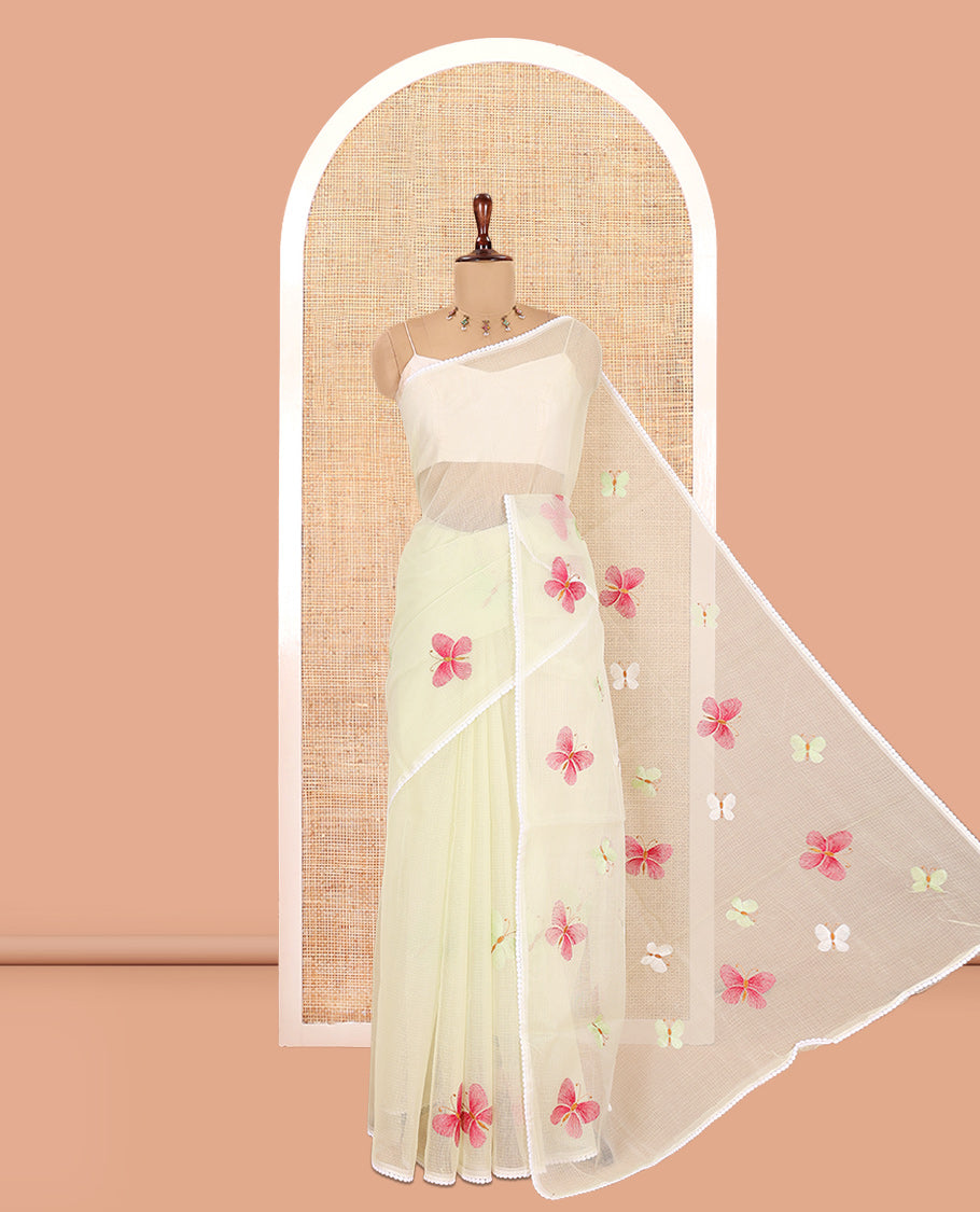 Yellowish Green Kota Doria Saree, Delicately Woven with Butterfly Buttas, a Lace Border, a Matching Blouse