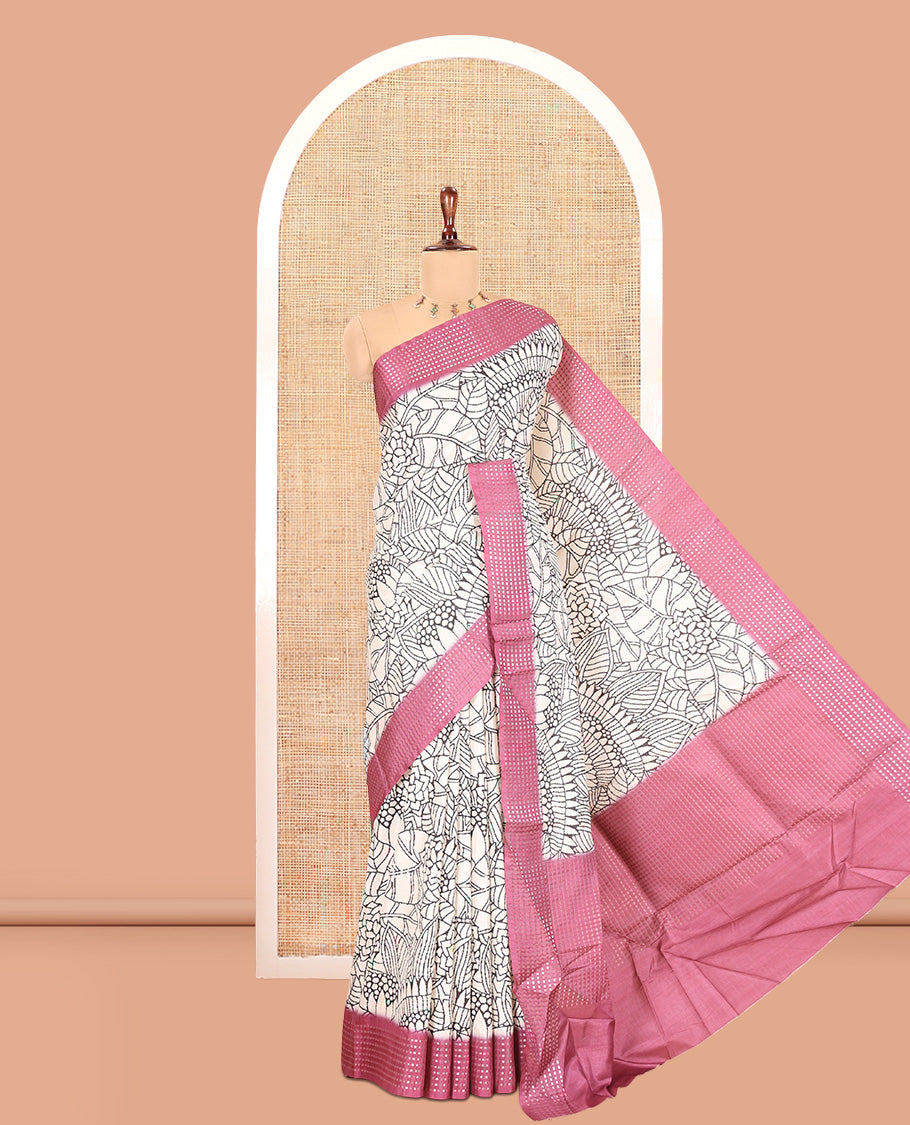 Cream-Onion Pink Dola Silk Saree, Adorned with Floral Print, a Contrast Checked Border, Pallu of Buttas, and a Contrast Blouse