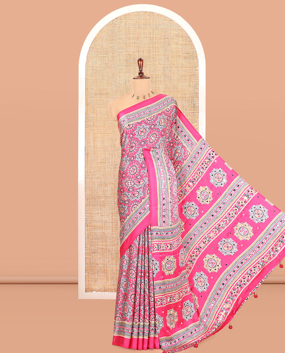 Pink Satin Crepe Saree