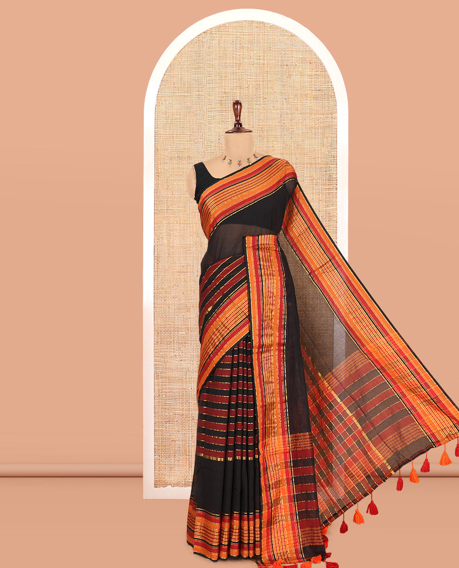 Black Striped Khadi Mul Cotton Saree, a Contrast Zari Striped Horizontal Border, and No Blouse