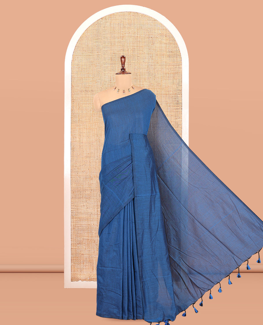 Borderless Blue Plain Khadi Cotton Saree