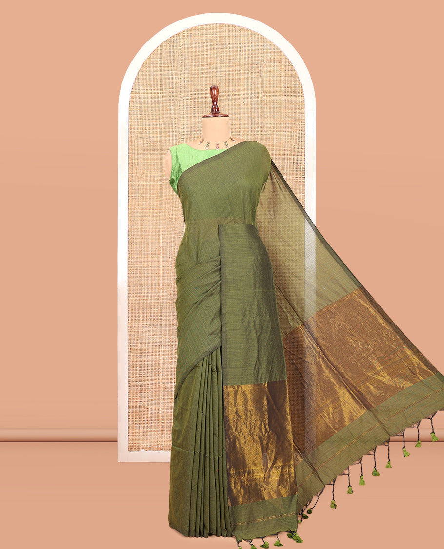 Borderless Green Plain Khadi Cotton Saree