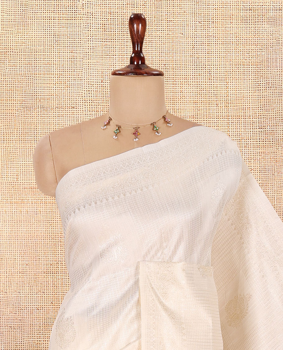 Cream-Blue Jute Linen Saree
