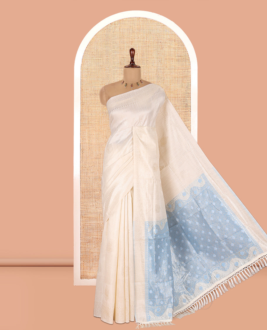 Cream-Blue Jute Linen Saree