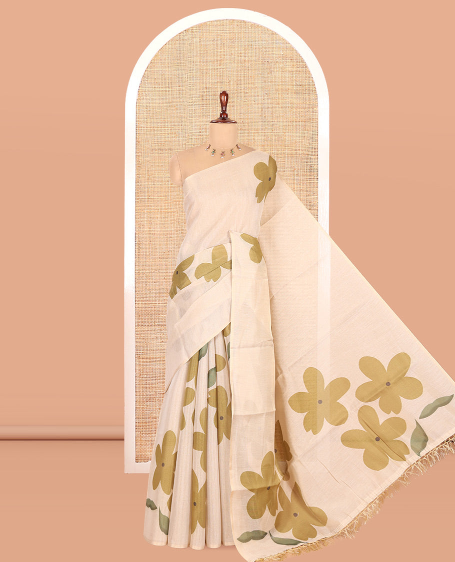 Borderless Cream-Mehendi Tissue Cotton Saree
