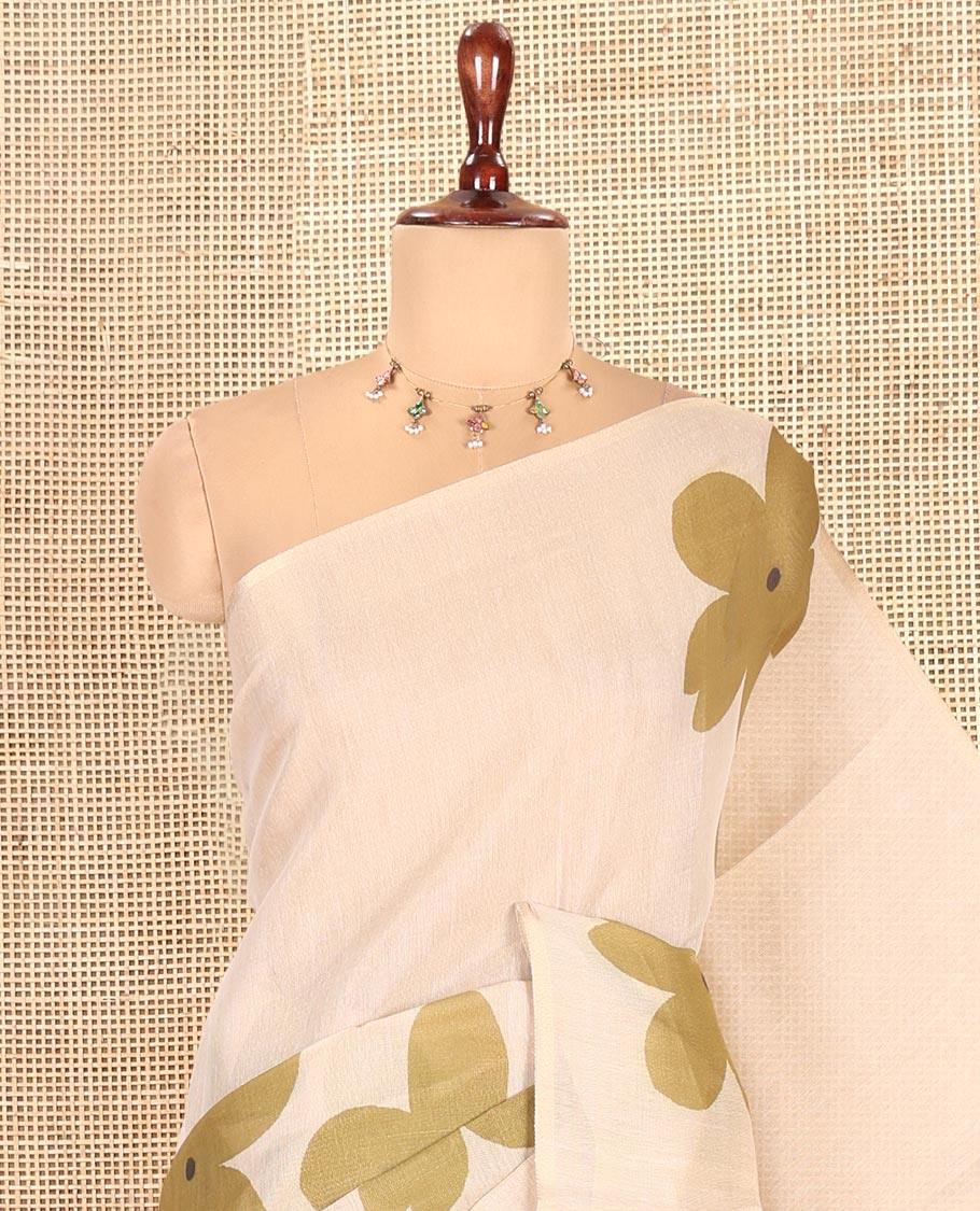 Borderless Cream-Mehendi Tissue Cotton Saree