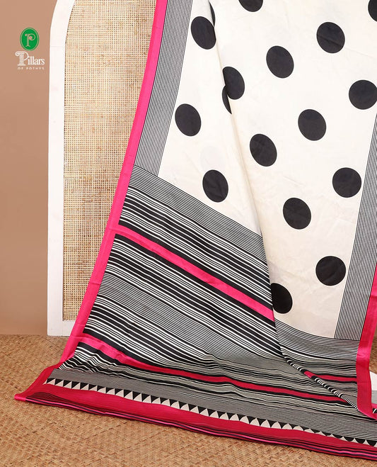 Cream with rani pink  polka dot printed design gajji silk saree with contrast piping border & printed pallu along with striped blouse