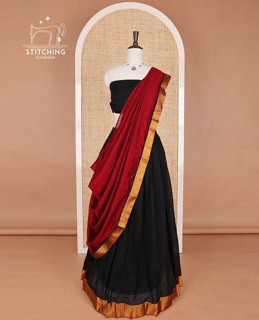 Black mercerised cotton daman design border half saree with cotton blouse & georgette one side zari border