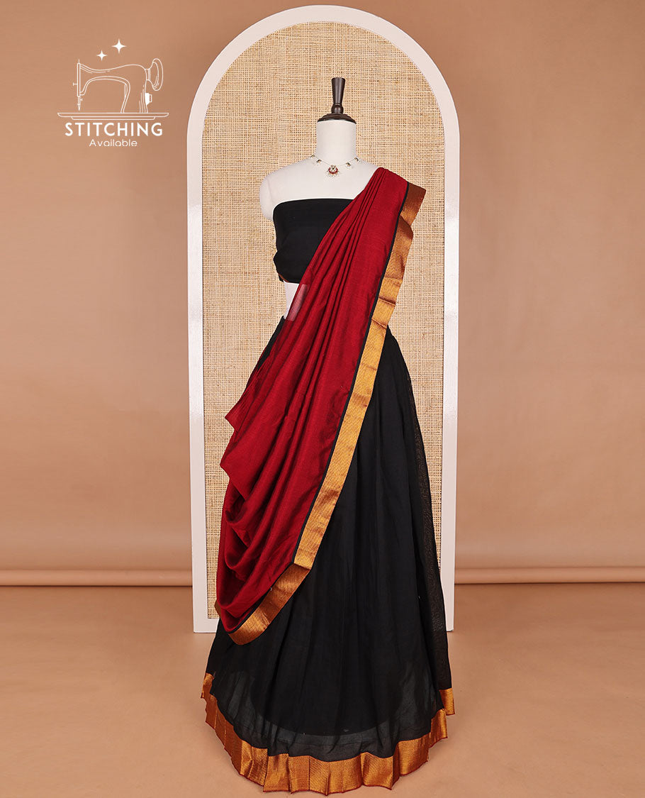 Black mercerised cotton daman design border half saree with cotton blouse & georgette one side zari border