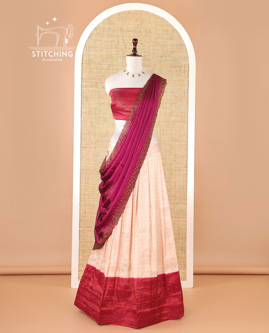 Cream banaras softy half-saree, brocade skirt, contrast traditional border, brocade blouse & stonework scallop georgette dhavani