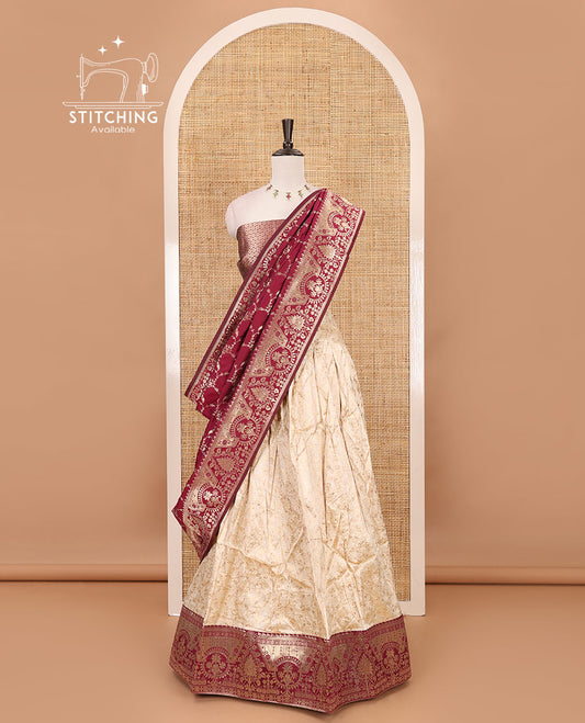 Cream-maroon semi-banaras half-saree, floral jaal jacquard & contrast traditional zari border skirt, floral jacquard blouse & contrast zari design blouse