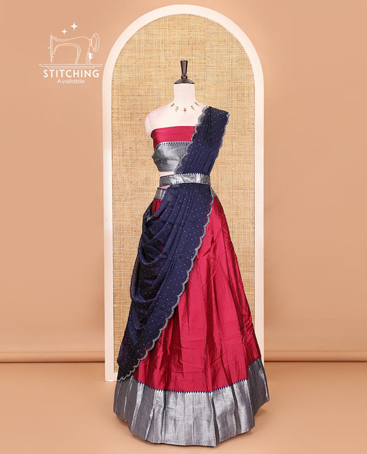 Rani pink-navy blue taffeta silk half-saree, plain & contrast temple & kathir boder skirt, matching blouse & contrast stonework scallop border syska georgette dhavani