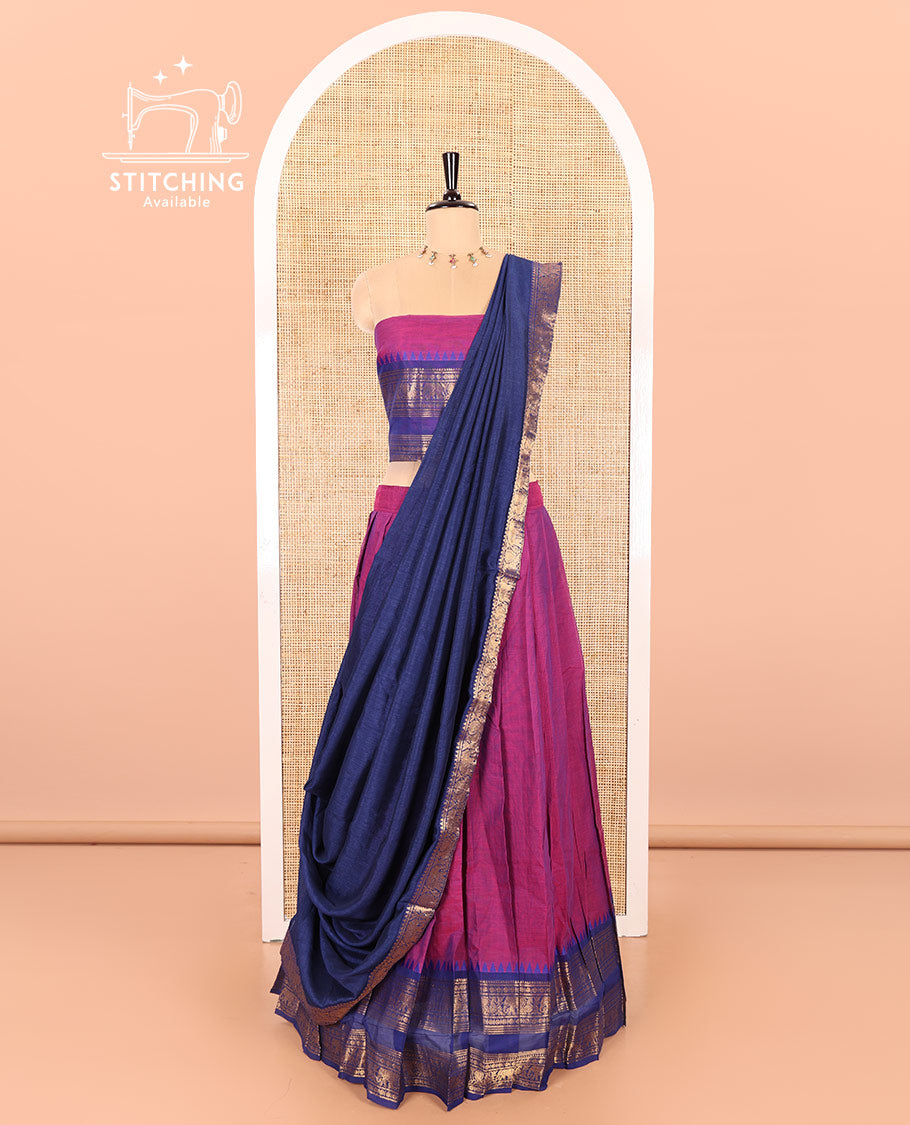 Majenta-Rani Pink Chettinad Cotton Half-Saree Featuring a Plain Skirt, Highlighted with a Contrast Peacock-Elephant Motifs Woven Rettai Pettu Zari Border, a Subtly Woven Matching Blouse, and a Vichitra Silk Contrast Traditional Zari-Bordered Dhavani