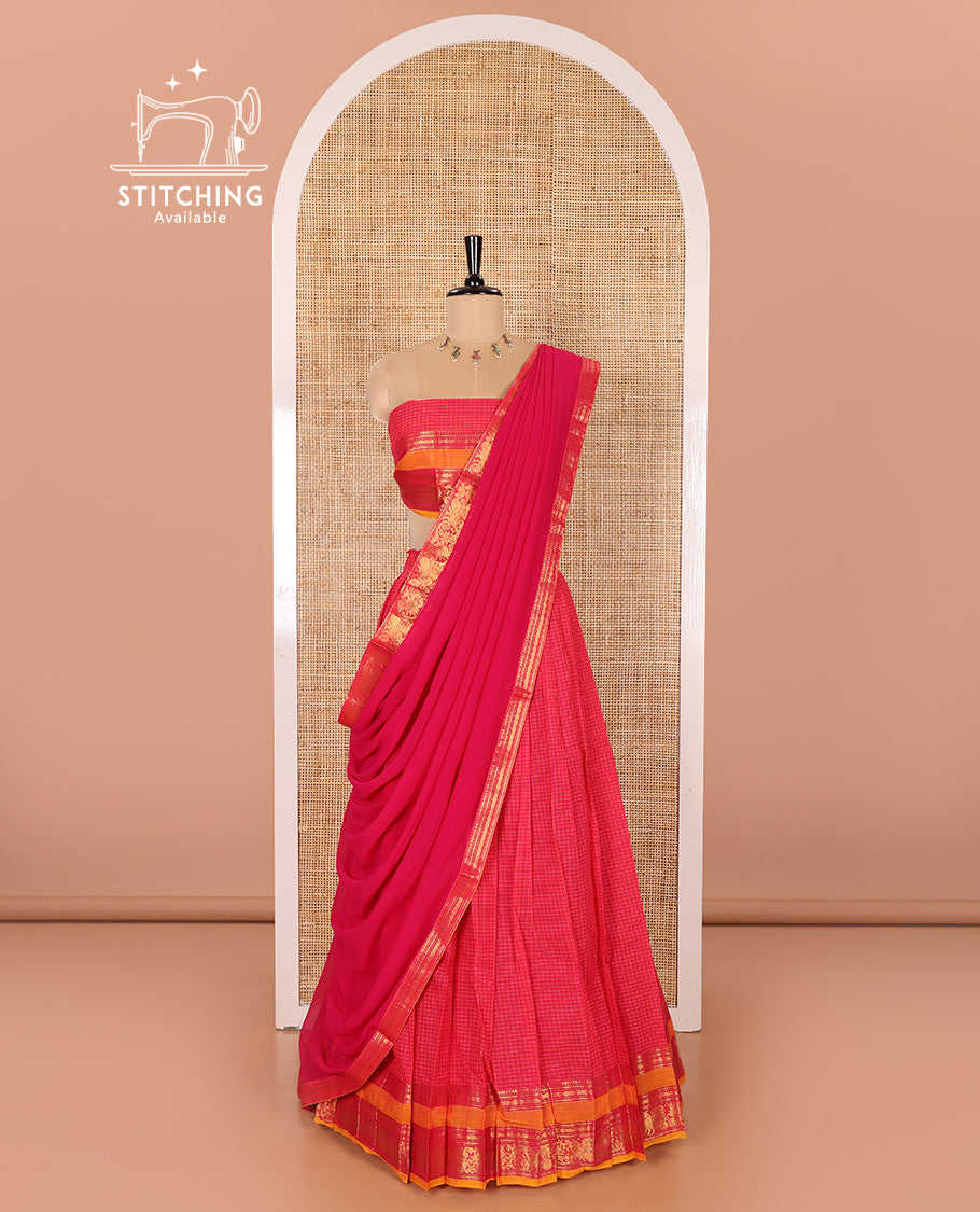 Rani Pink and Yellow Chettinad Cotton Half-Saree Featuring Checked Skirt, Highlighted with a Contrast Rettai Pettu Zari Peacock and Rudraksham Motifs Border, a Subtly Woven Matching Blouse, and a Georgette Traditional Zari-Bordered Dhavani