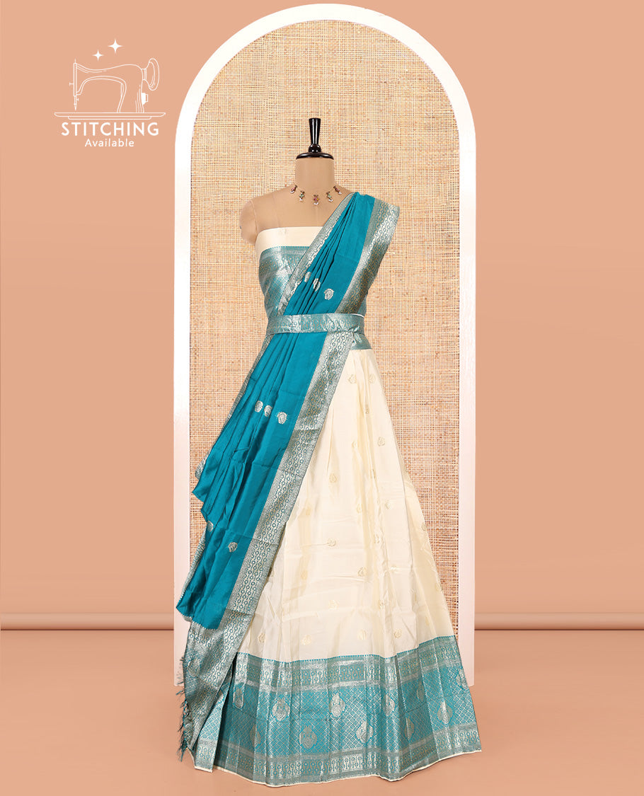 Cream-Rama Semi-Banarasi Half-Saree Set Featuring Buttas Skirt, Contrast Traditional Border, Matching Blouse, and Banaras Dhavani