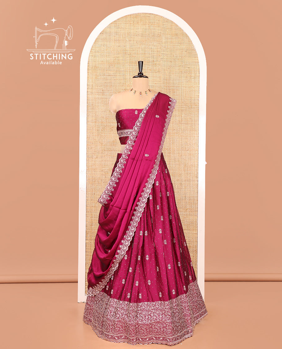 Magenta Georgette Half-Saree Featuring Embroidery Skirt, Floral Embroidered Border, Matching Blouse, Embroidered Dhavani