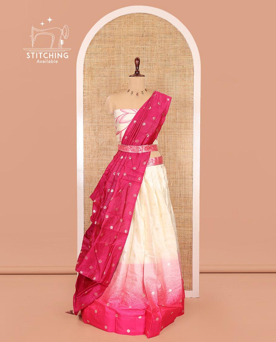 Cream-Pink Semi-Silk Half-Saree Features Flower Buttas Skirt, Contrast Border, Matching Blouse, Contrast Dhavani