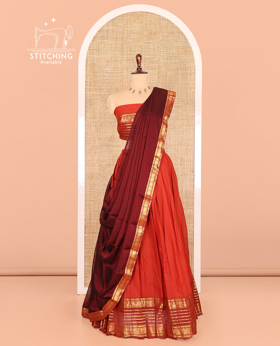 Rust-Maroon Chettinad Cotton Half-Saree, Plain Contrast Traditional Zari Bordered Skirt, Matching Blouse, and a Contrast Dhavani