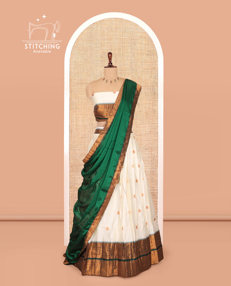 Cream-Green Banaras Silk Half-Saree Features Zari Buttas Skirt, a Contrast Traditional Border, a Matching Blouse, a Contrast Dhavani