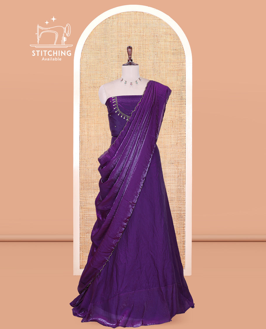 Dark Purple Fendi Organza Half-Saree, Plain Skirt, Matching Embroidered Blouse, Matching Scallop Dhavani
