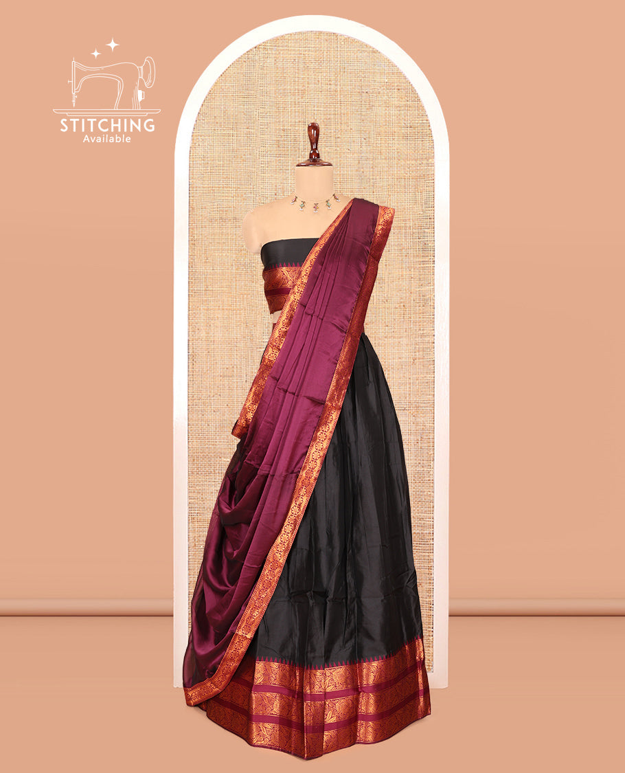 Black Semi-Banarasi Half-Saree Features Plain Skirt, Contrast Floral Creeper Zari Border, Matching Blouse, Contrast Dhavani