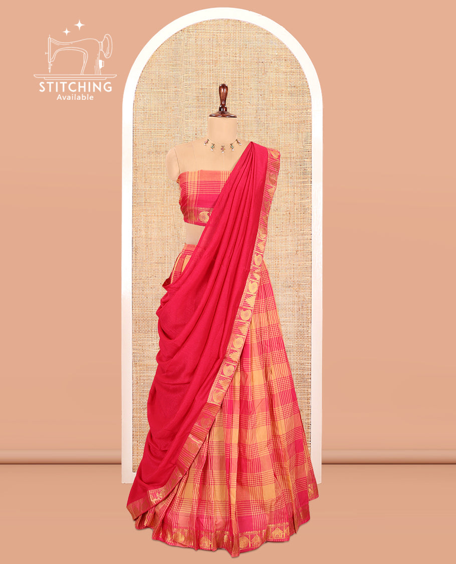 Multi-Color Checked Chettinad Cotton Half-Saree Features a Temple-Paisley Border, Matching Blouse, Contrast Dhavani