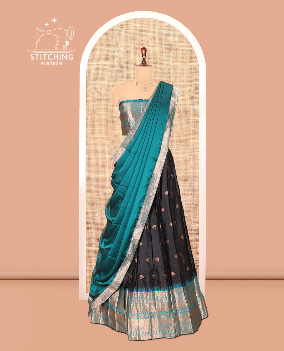 Black-Rama Green Semi-Silk Half-Saree Features Zari Buttas Skirt, Contrast Traditional Zari Border, a Matching Blouse, a Contrast Blouse