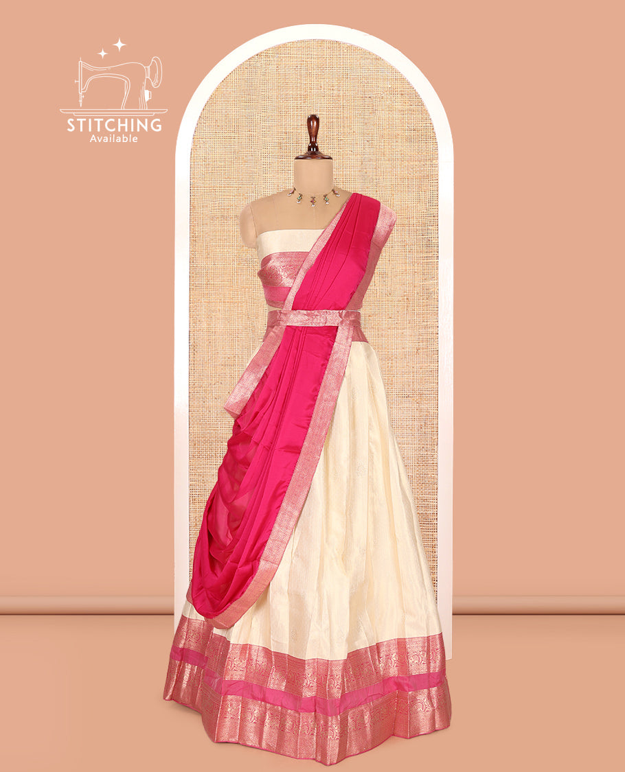 Cream-Magenta Semi-Silk Half-Saree