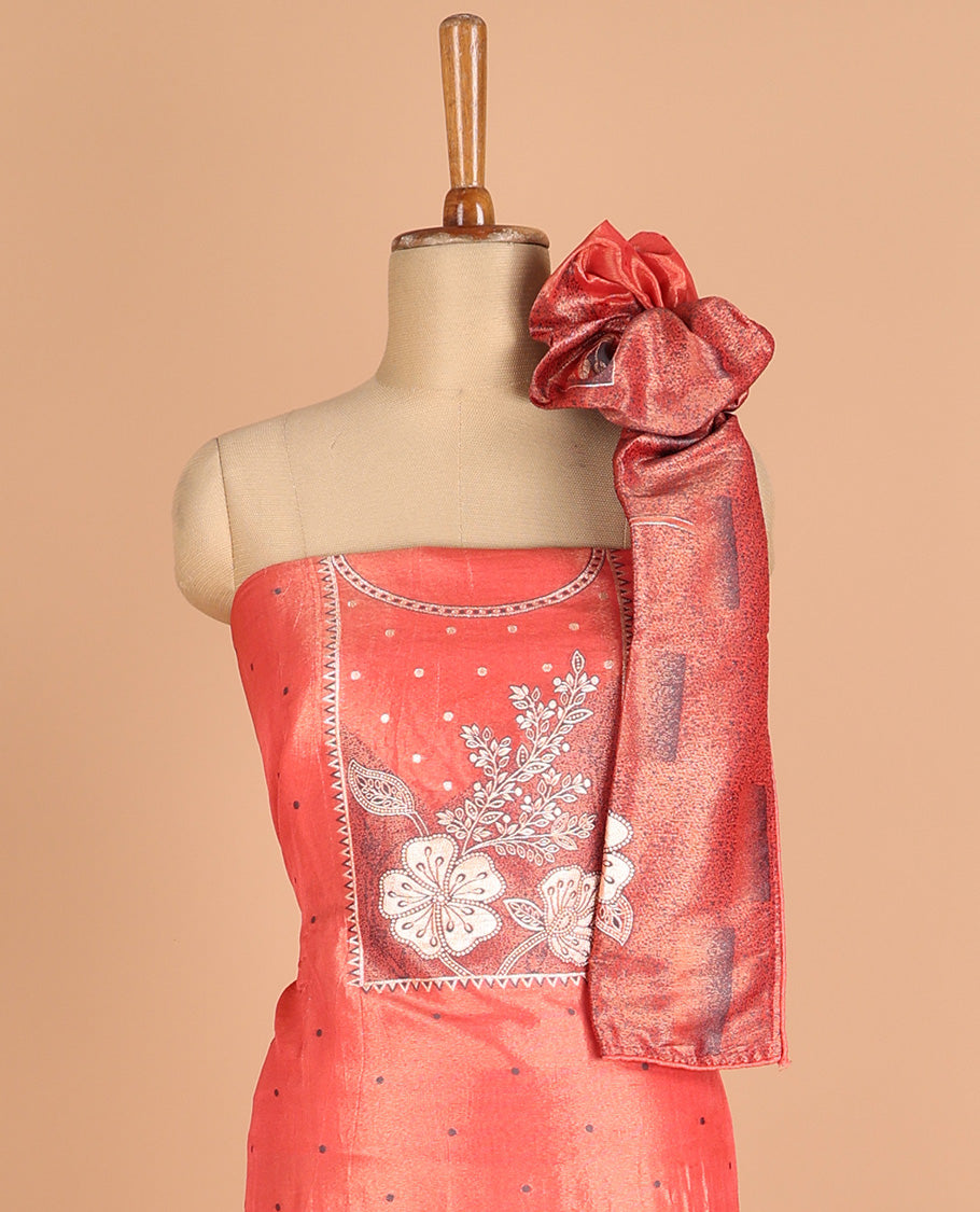 Dark peach chudidhar material chanderi tissue neck weaving thread, floral butta top with satin cotton pants & chanderi tissue zari weaving dupatta
