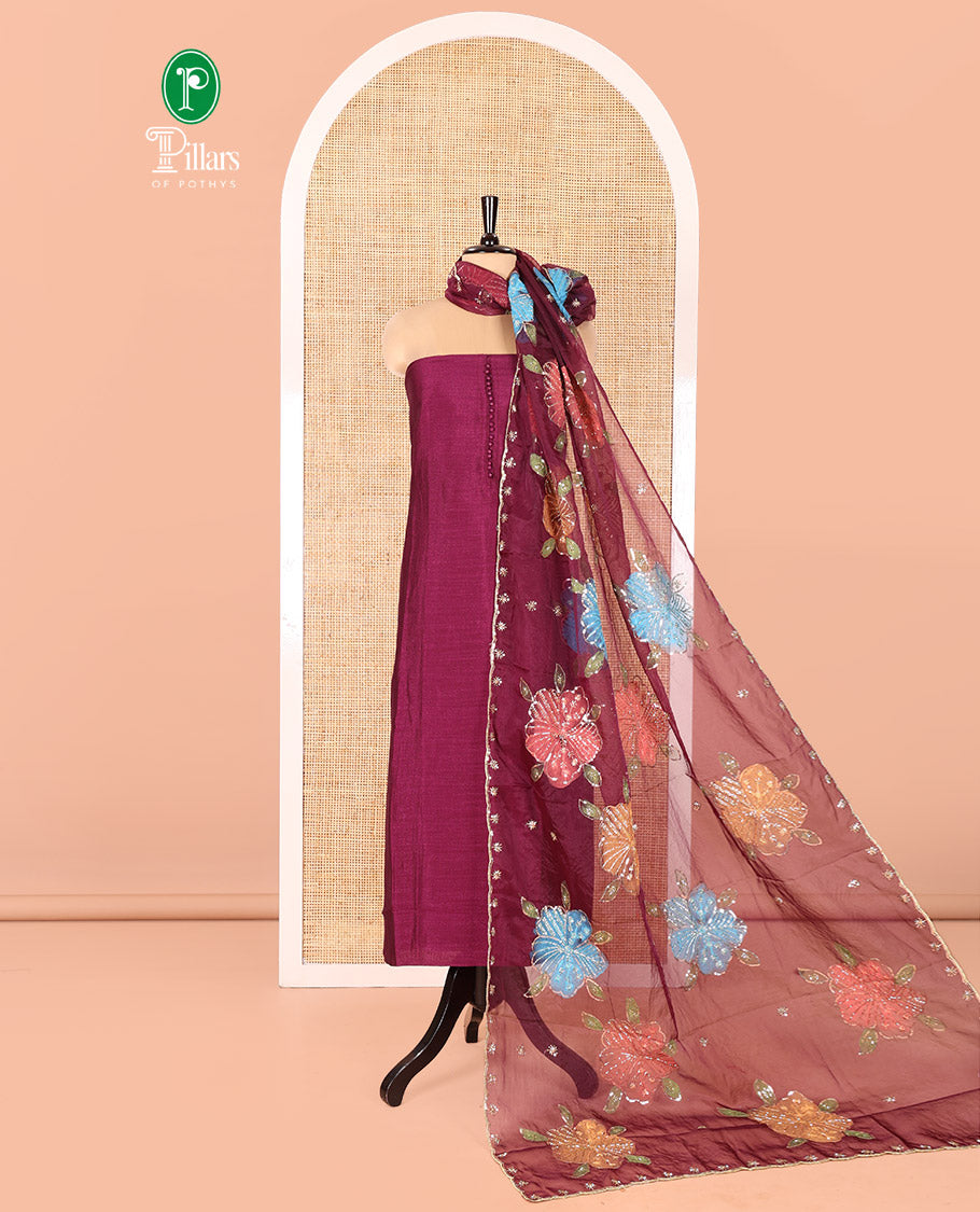 Wine Vichitra Silk Material Chudidar Set, Highlighted by Pom-Pom Necklined Top, a Plain Santoon Bottom, and Paired Scallop Multi-Color Floral Embroidered Organza Dupatta