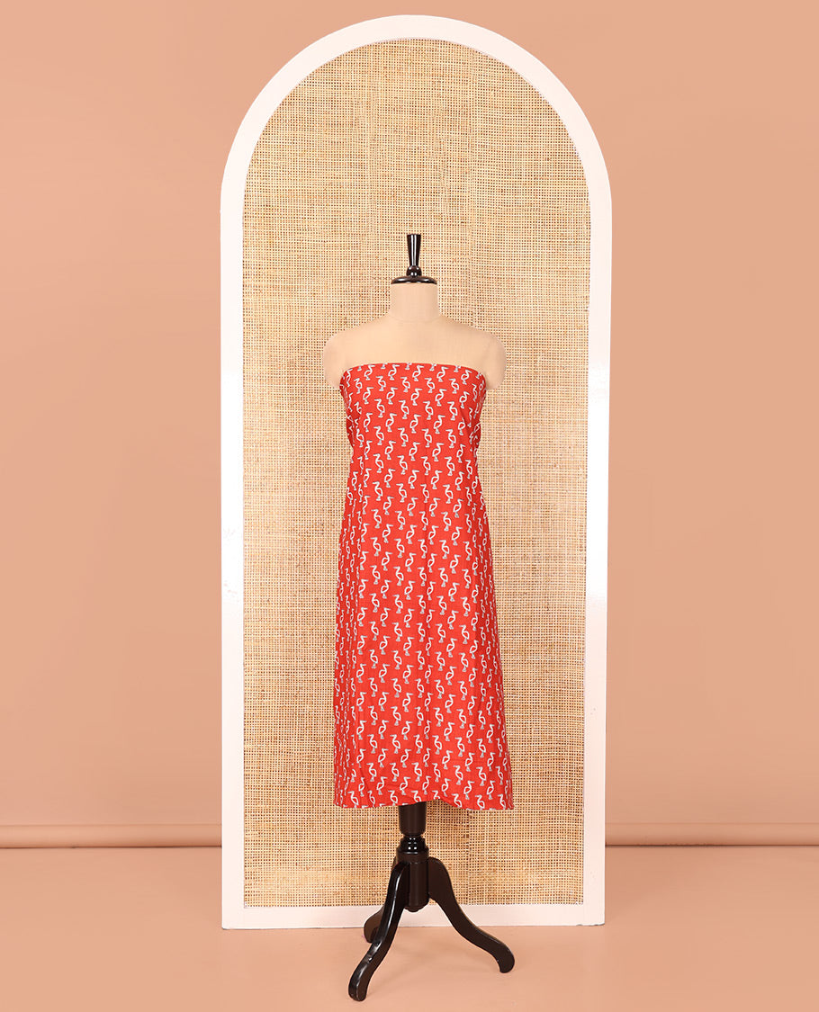 Red Handloom Cotton Material Chudidar Set, Subtly Adorned with Bird Motifs All Over Its Body, Complemented by Contrast Plain Bottom, and Paired with a Contrast Dupatta
