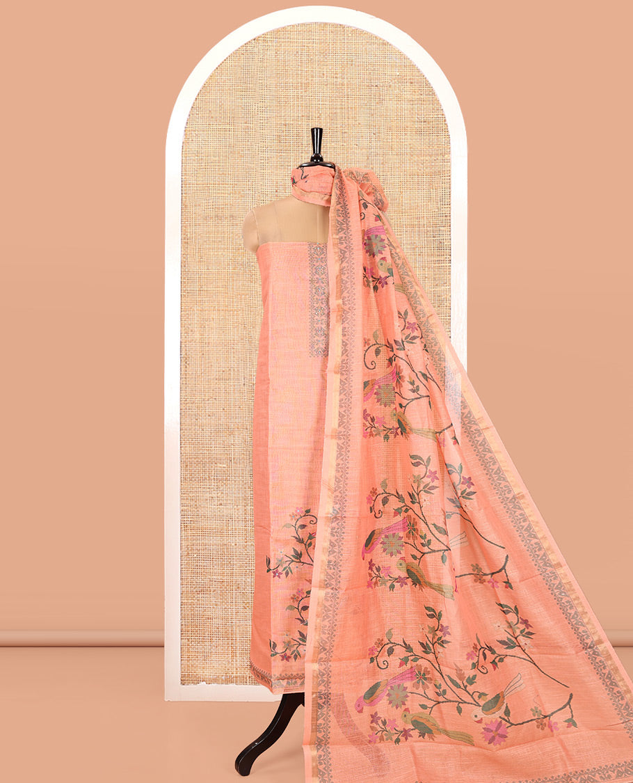 Orange Linen Tissue Material Chudidar Set, Elevated with Paithani Floral-Parrot Design on Its Top, a Contrast Plain Bottom, and Paired with a Linen Tissue Dupatta of Floral-Parrot Print