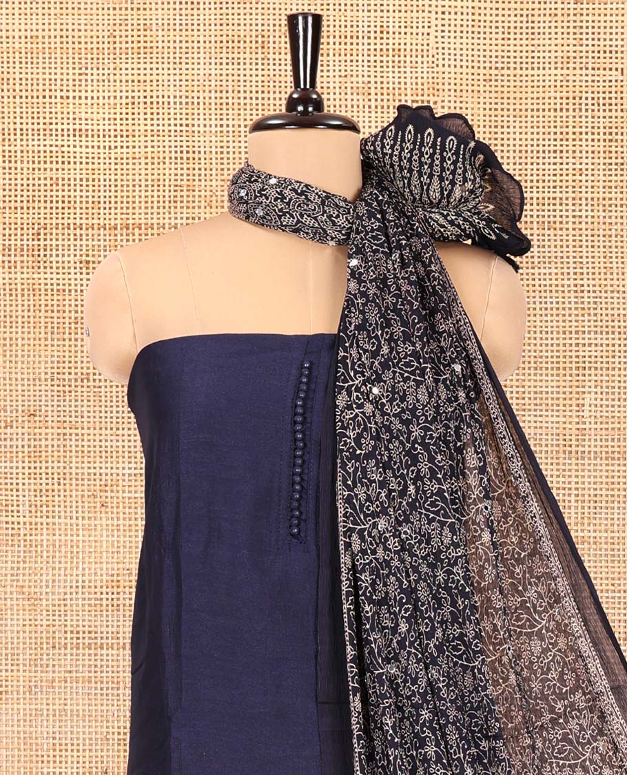 Navy Blue Material Chudidar Set, Subtly Woven with Pom-Pom Potli Neck Vichitra Silk Top, a Plain Santoon Bottom, Paired with Crushed Georgette Dupatta of Ajrakh Print and Mirror Work