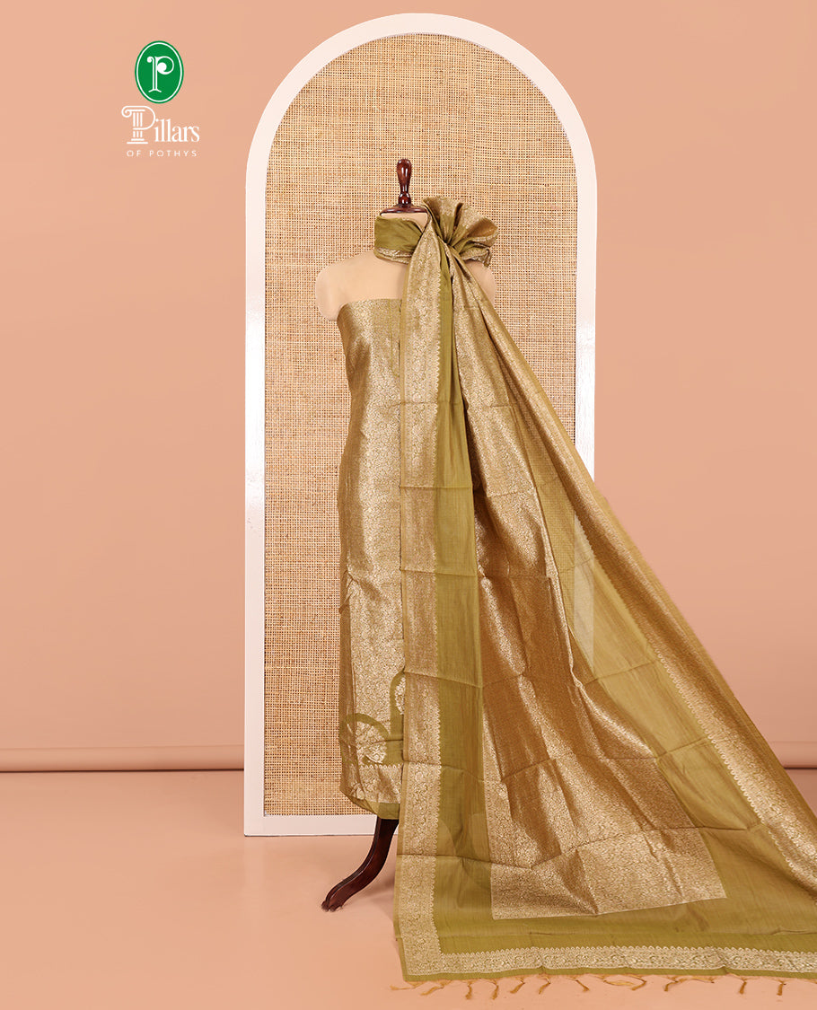 Mehendi Green Banarasi Material Chudidar Features Jacquard Top, a Matching Santoon Bottom, and an Intricately Designed Dupatta