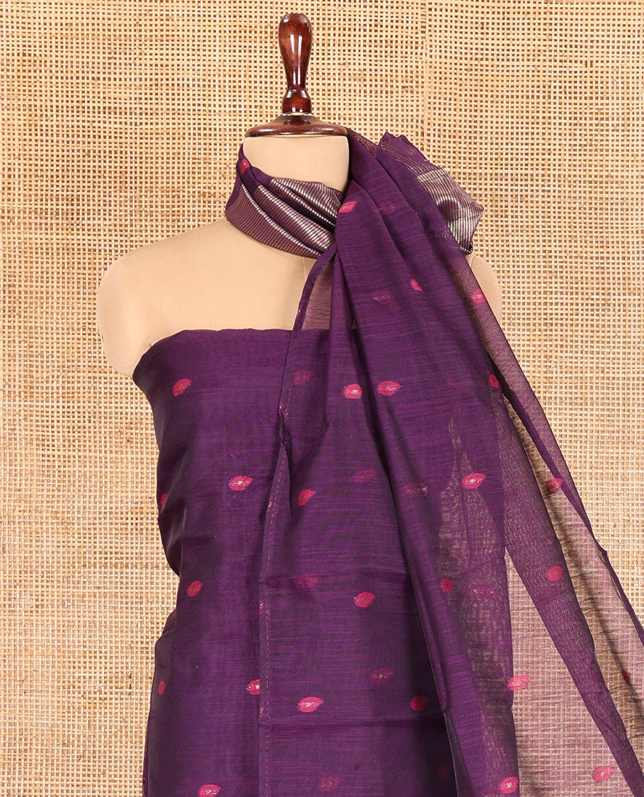 Magenta Semi-Linen Material Churidar, Delicately Woven with Thread Buttas Skirt, a Plain Bottom, and a Thread Buttas Dupatta