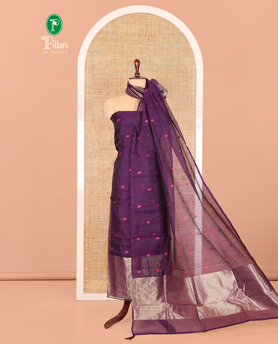Magenta Semi-Linen Material Churidar, Delicately Woven with Thread Buttas Skirt, a Plain Bottom, and a Thread Buttas Dupatta