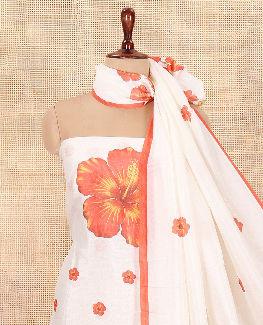 Cream-Red Semi-Silk Material Chudidar, Floral Printed Top, Matching Bottom, Floral Printed Dupatta