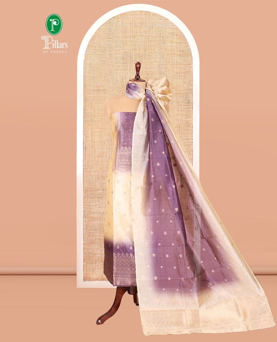 Chikku-Lavender Semi-Tussar Material Chudiddar, Buttas and Neck Work Top, Contrast Bottom, Buttas Dupatta