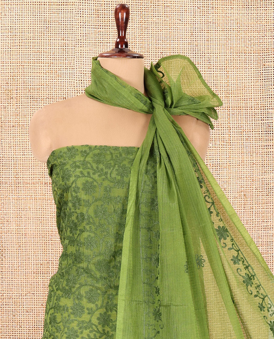 Leaf Green Kota Chex Material Chudiddar, Floral Vine Embroidered Top, Santoon Bottom, Embroidered Dupatta