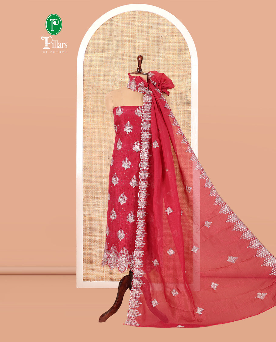 Rani Pink Crunchy Chiffon Material Chudiddar, Embroidered Top, Plain Bottom, Embroidered Scallop Dupatta