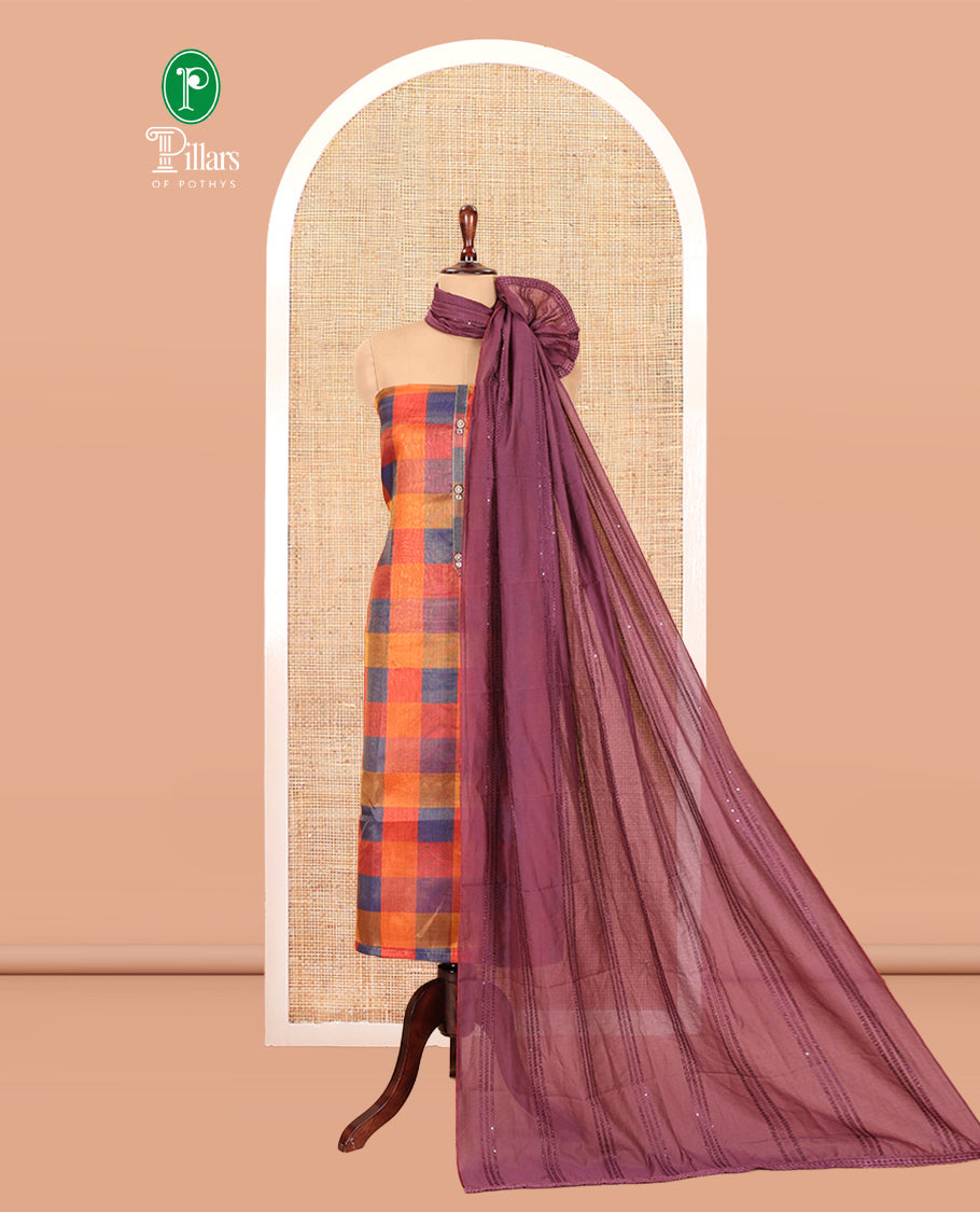 Multi-Color Shimmer Tissue Material Churidar, Embellished with Madras Checked Neckwork Top, a Contrast Bottom, and a Sequins Striped Dupatta