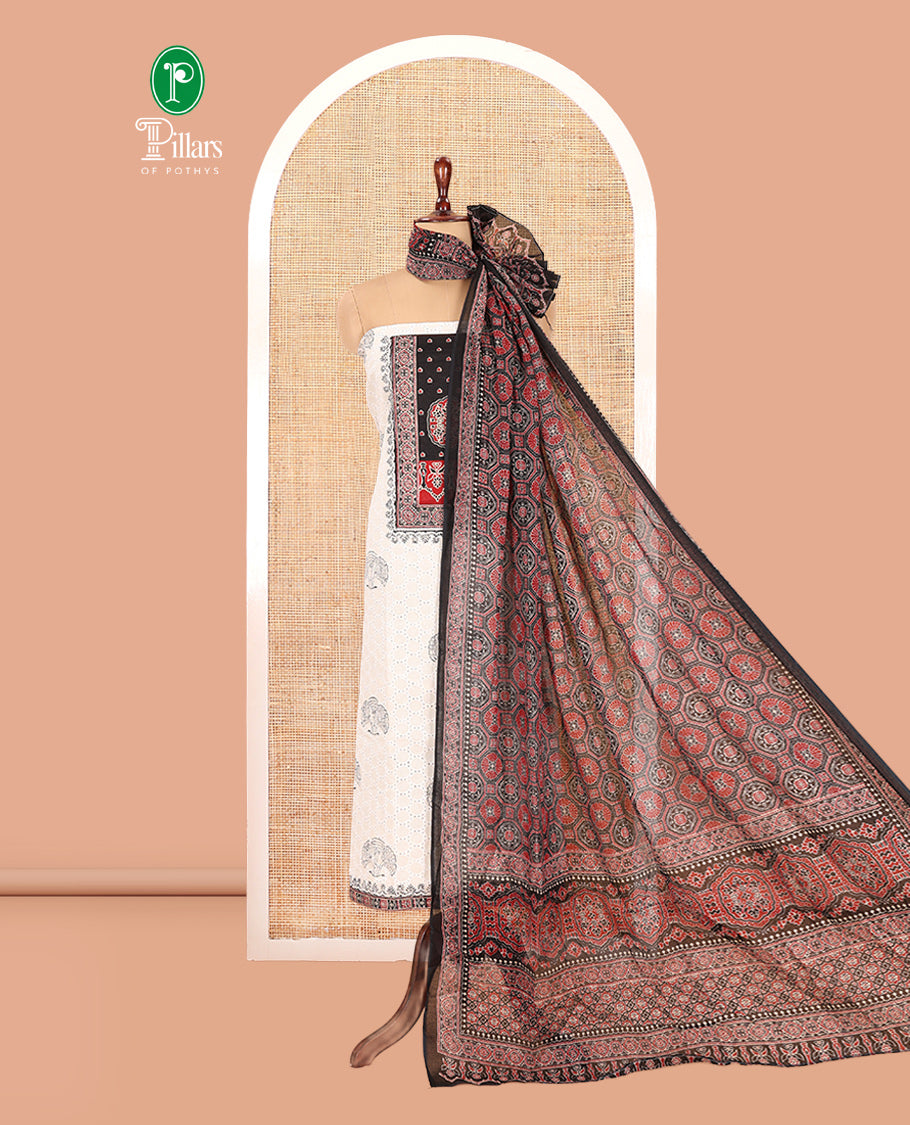 Cream-Black Cotton Hakoba Material Churidar Features Print and Ajrakh Neck Work Top, a Cotton Bottom, an Ajrakh Printed Dupatta