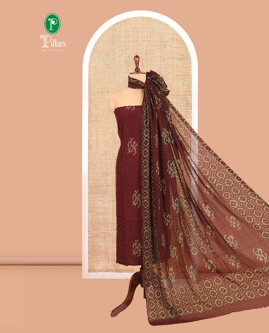 Coffee Brown Cotton Material Chudidar, Batik Printed Hakoba Work Top, Contrast Bottom, Batik Printed Dupatta