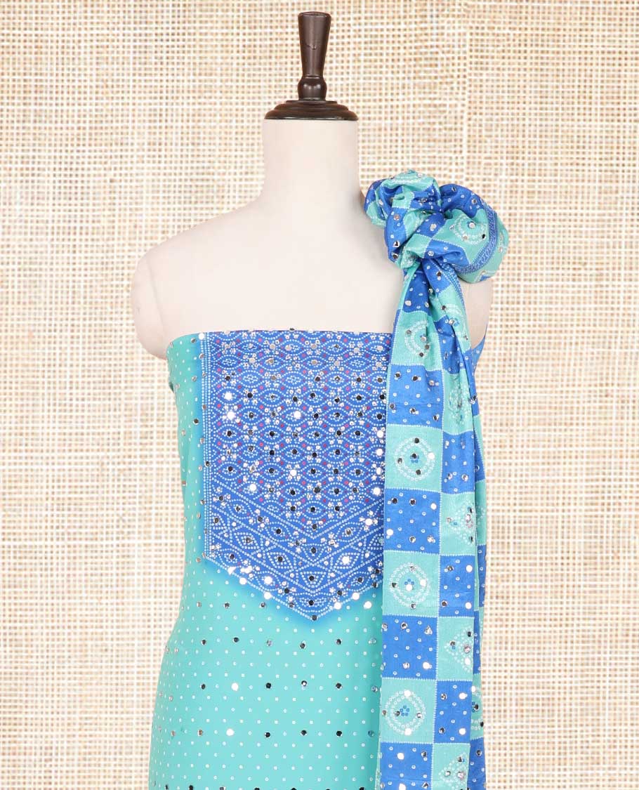 Royal blue with green bandhani print stone, mirrror work crepe chudidhar material top with american crepe pant & bhandani print, mirror work dupptata