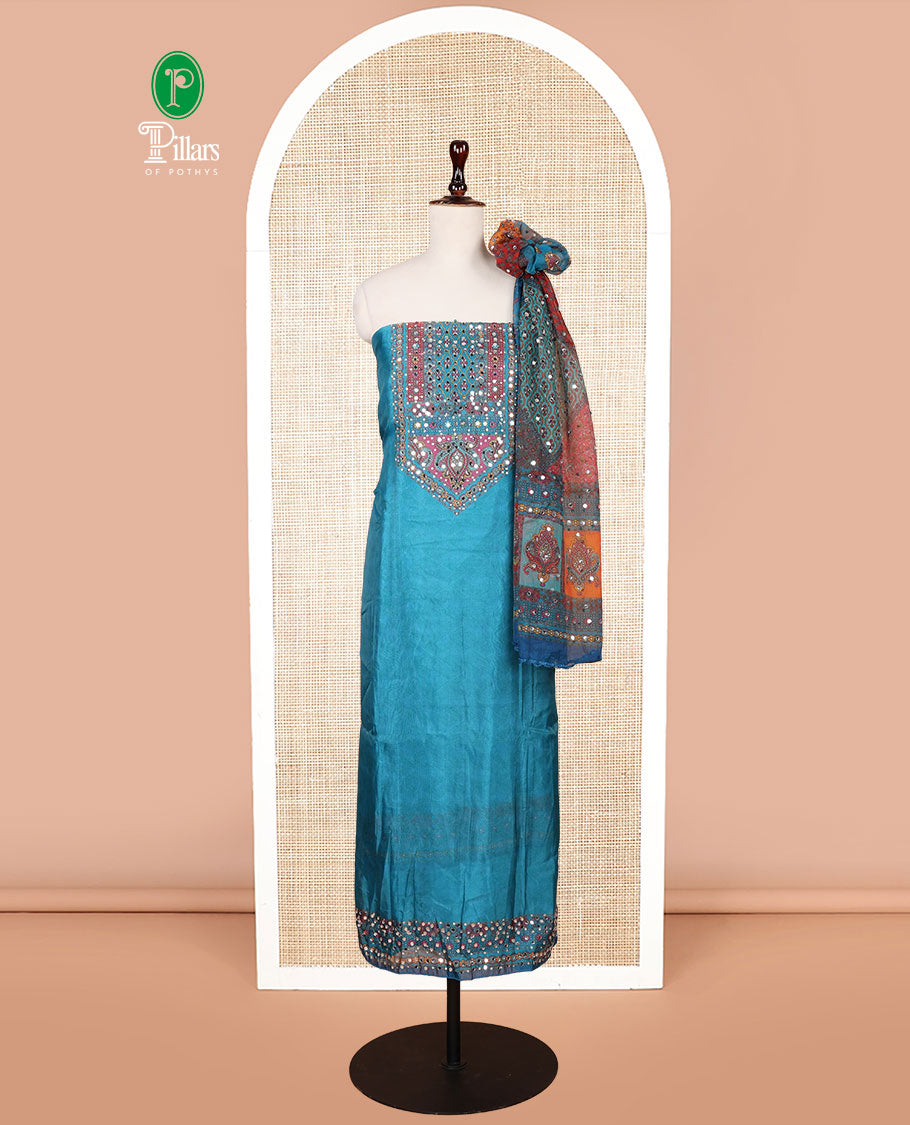 Green ajrak digital print, mirror, stone work organza chudidhar material top with santton material pant & floral digital print, mirror work dupatta