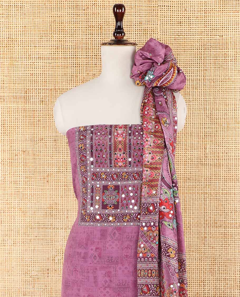 onion pink jacquard ajrak, stone, mirror work crepe chudidhar material top with american crepe pant & chinnon material ajrak digital print , mirror work dupatta