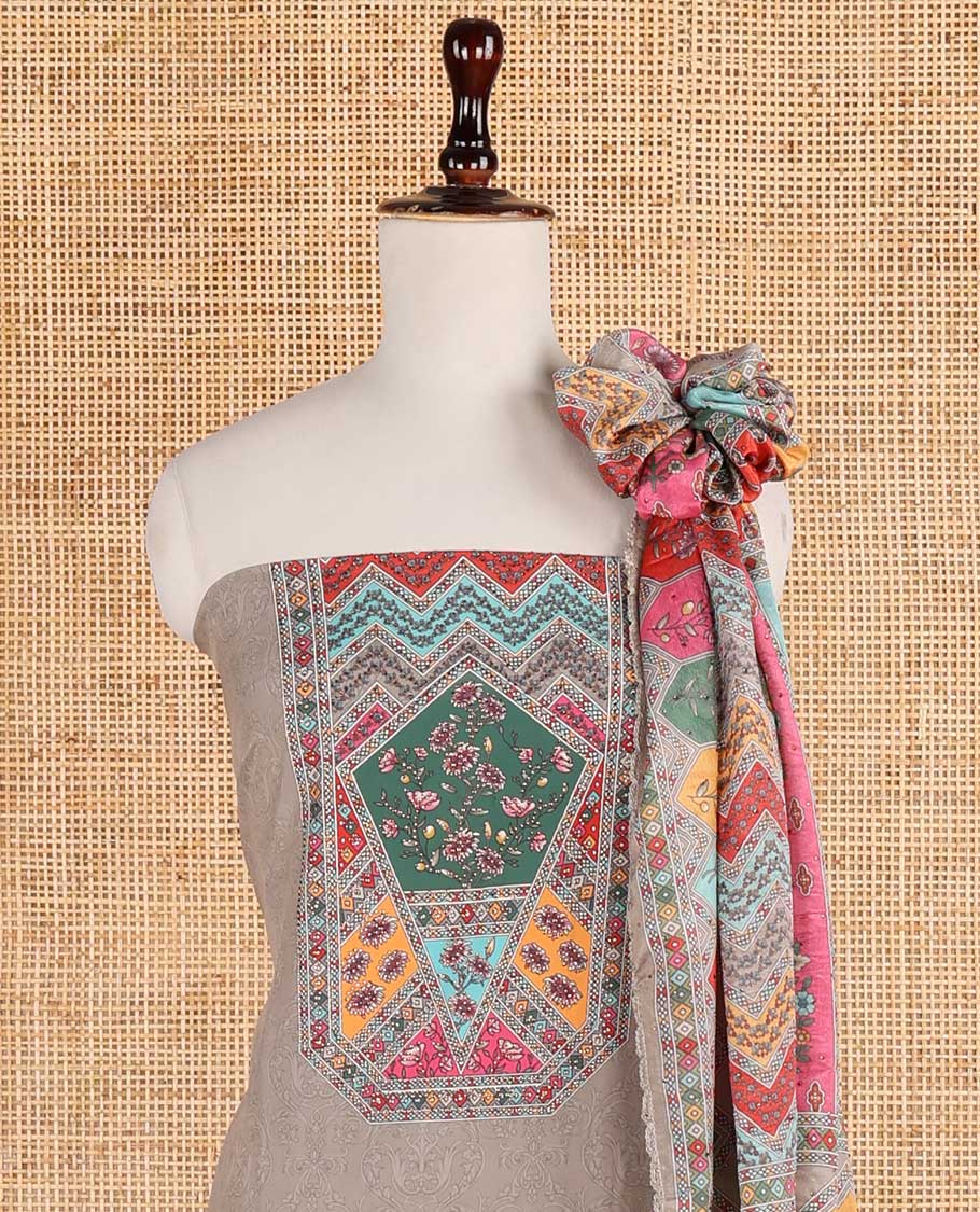 Ash color negative print, geometric design, swarovski work crepe chudidhar material top with american crepe pant & chinnon material geometric print, swarovski work dupatta