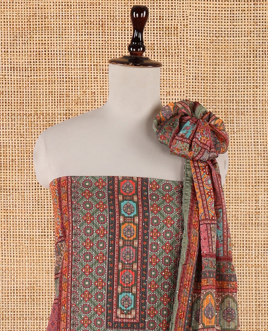 Multi-color churidar material set, ajrakh-printed & sequins work crepe top, kalidoscopic-colored dupatta of ajrakh print & sequins work & plain crepe bottom