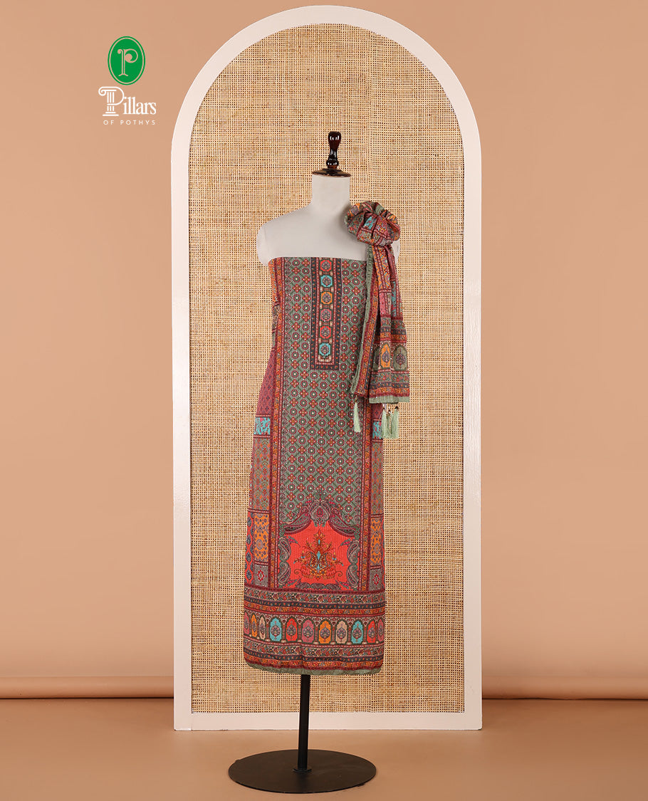 Multi-color churidar material set, ajrakh-printed & sequins work crepe top, kalidoscopic-colored dupatta of ajrakh print & sequins work & plain crepe bottom