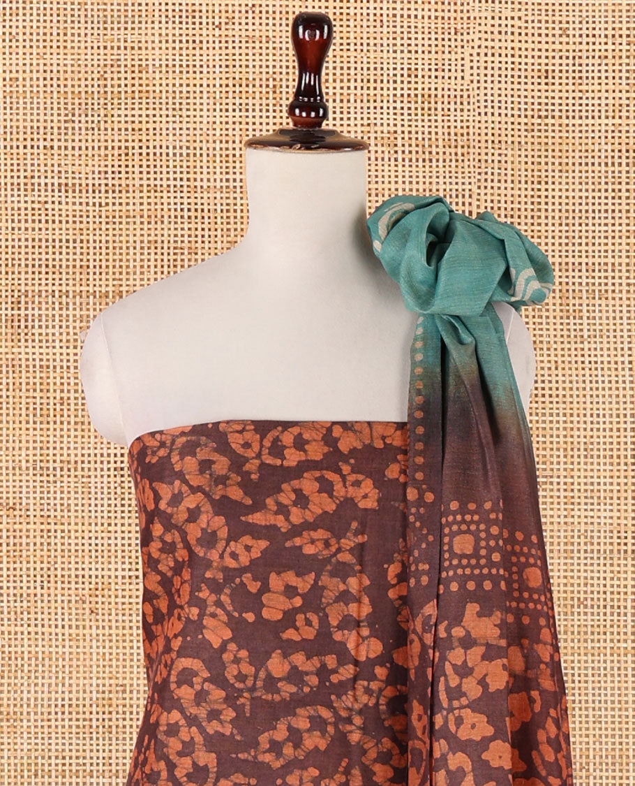 Maroon chudidhar material, leaf batik-print bhagalpuri cotton top,contrast batik-print bottom & dual-color printed mul-mul dupatta